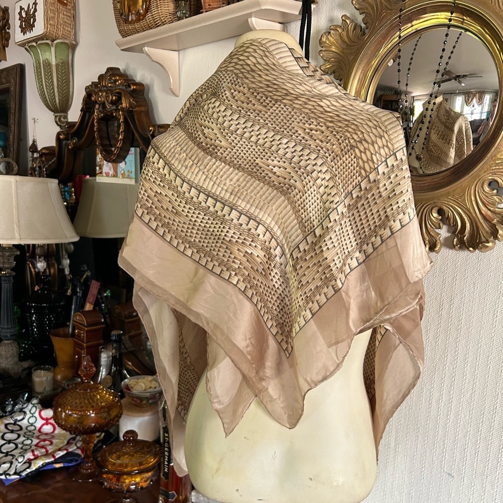 Vintage Tan & Cream Silk Chiffon Scarf - Picture 5 of 13